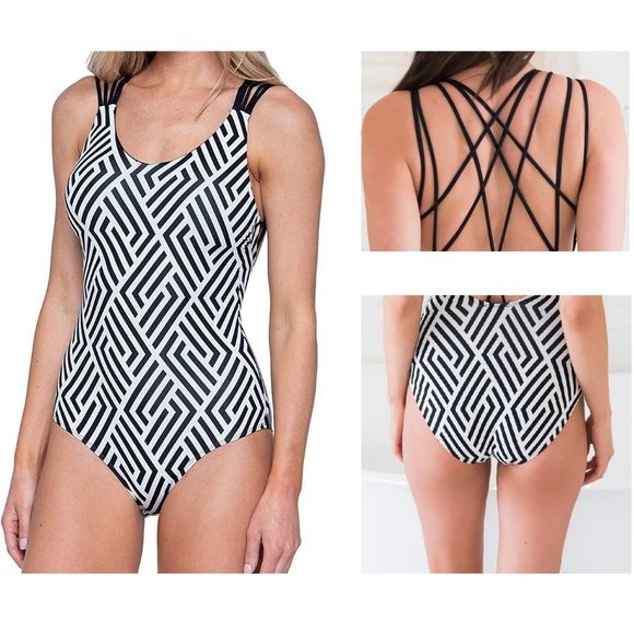 DownEast Other - DOWNEAST "Bedford" Geometric Swimsuit Strappy Crisscross Straps Crosshatch Small